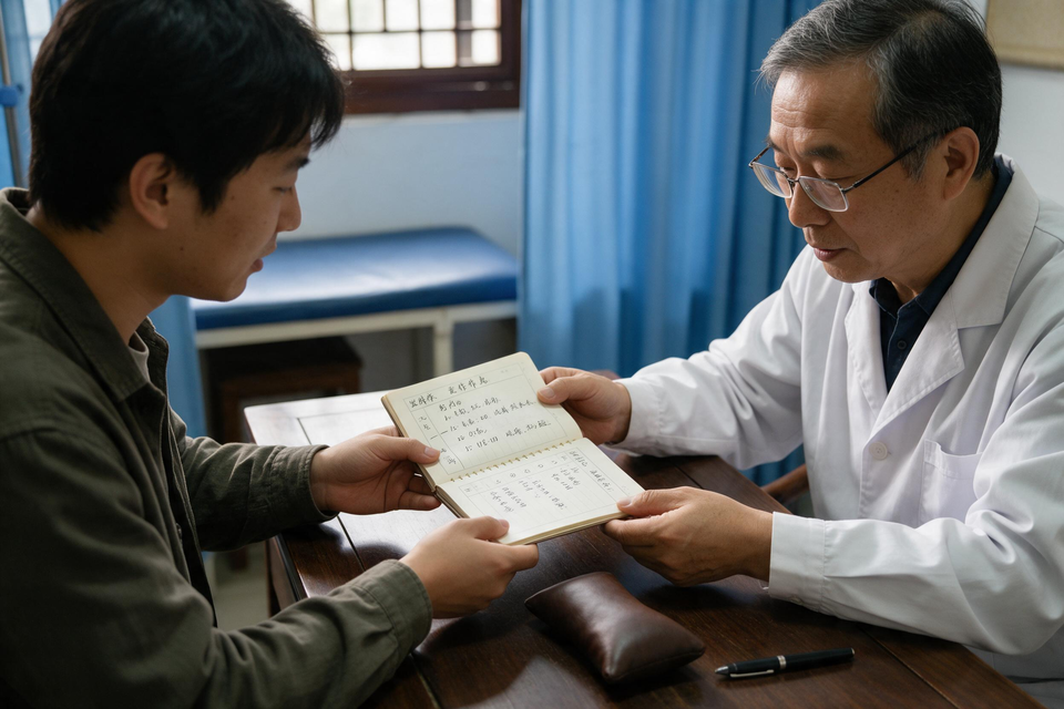 求診者把手寫的發作記錄本遞給中醫師,兩人低頭一同查看。