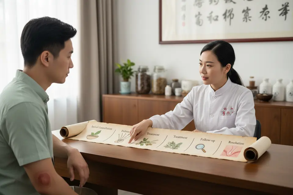醫師指著攤在桌上、由左至右排開的時間軸，向求診者說明初診到定案的先後。