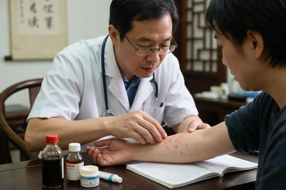 診症室內醫師仔細察看求診者手臂上的皮疹,桌上擺著藥膏與洗液