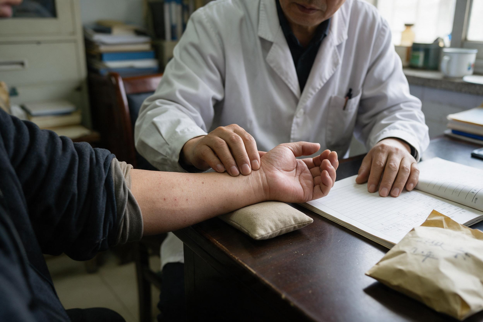 中醫師在診間替患者把脈,桌面放著翻開的紀錄本與藥袋。