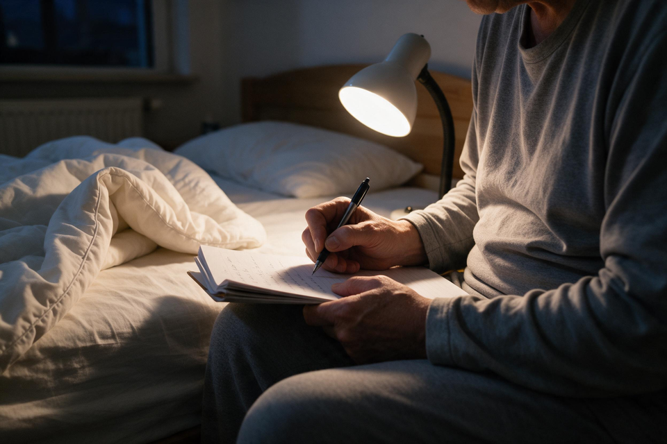 夜晚床邊,患者藉檯燈光在本子上記錄痕癢與睡眠狀況。