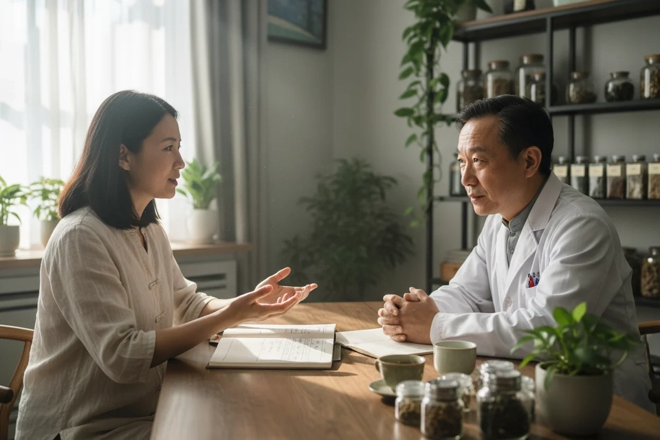 求診者坐在診間與醫師對談,桌上攤著記錄睡眠與身體變化的筆記本。