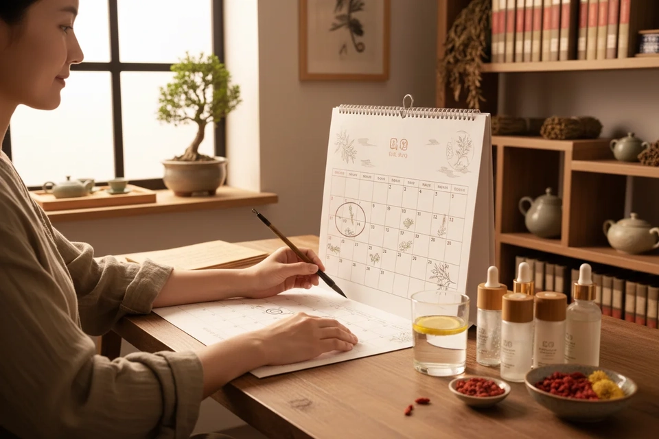 某人坐在桌前用筆在月曆上圈起忙碌的月份,桌角放著皮膚護理用品。