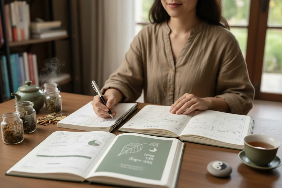一個人將皮膚與睡眠記錄本並排攤在桌上，手持筆準備檢視。