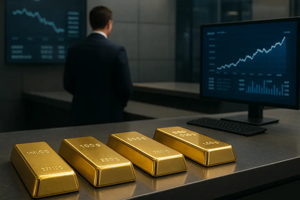 不同重量的黃金條塊擺放在金融機構櫃檯，對應不同交易手數的概念