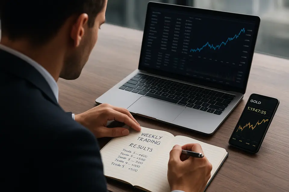 交易者在筆記本上記錄交易覆盤內容，旁邊手機顯示金價走勢