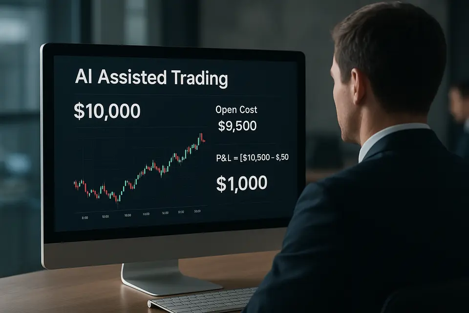 一万美元账户的AI辅助交易盈亏计算过程展示在交易界面上