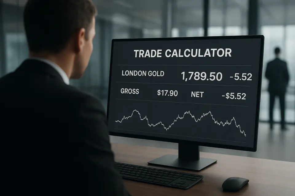 界面顯示一單0.1手倫敦金交易的完整盈虧計算數字