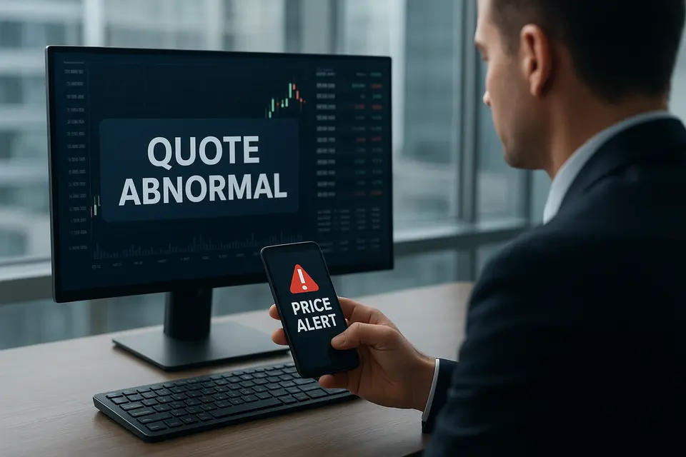 外匯自動交易界面彈出報價異常提示，交易者在手機查看通知