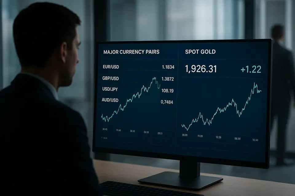 同時顯示在交易屏幕上的外匯貨幣對與現貨黃金的價格走勢曲線