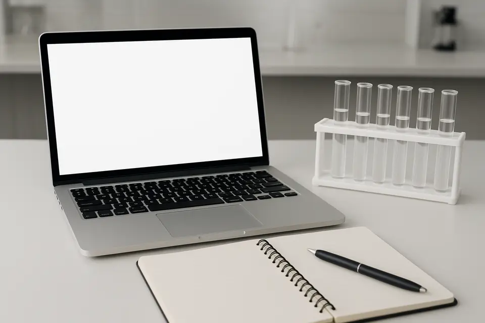 實驗室桌面，打開的筆記本電腦旁放住實驗筆記同玻璃試管