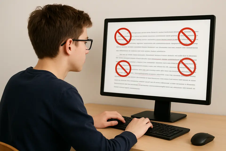 学生对着电脑屏幕修改Essay，屏幕上标注出了几处论证逻辑错误