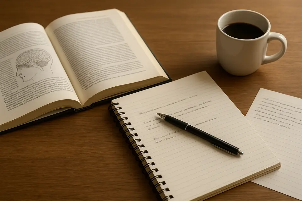 打開的心理學教科書和寫了一半的文章,平整放在淺色書桌面上