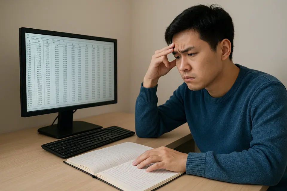 學生對着電腦裡雜亂的SPSS統計輸出，看着寫了一半的論文不知道如何改寫