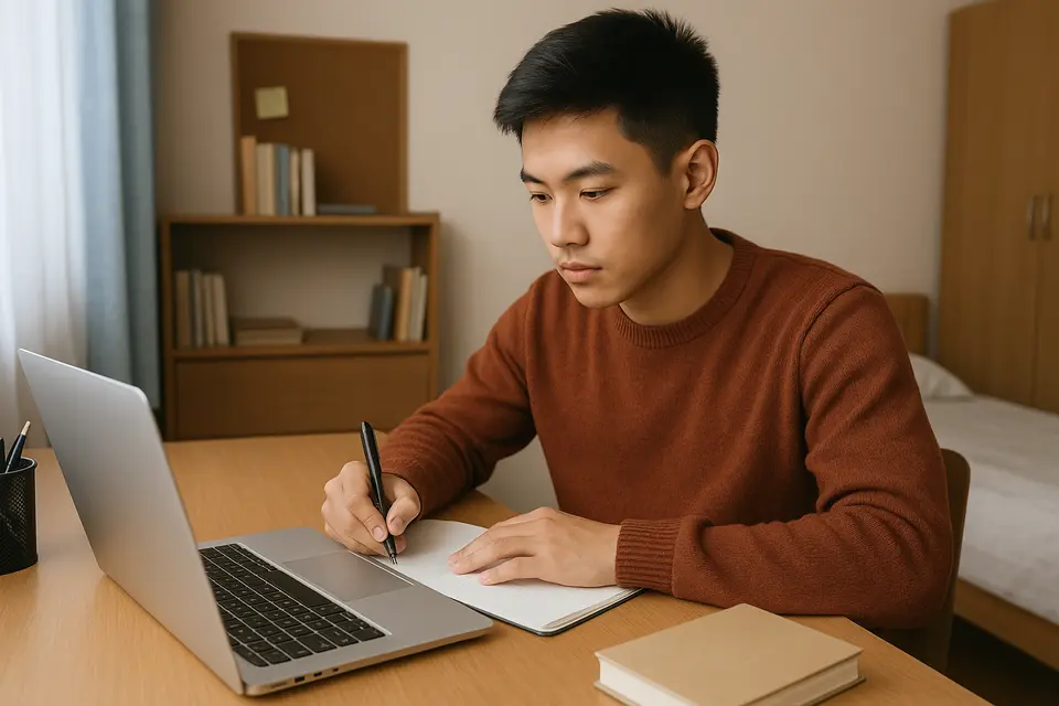 大學生坐在書桌前,把AI整理的閱讀重點抄寫到自己的筆記本上