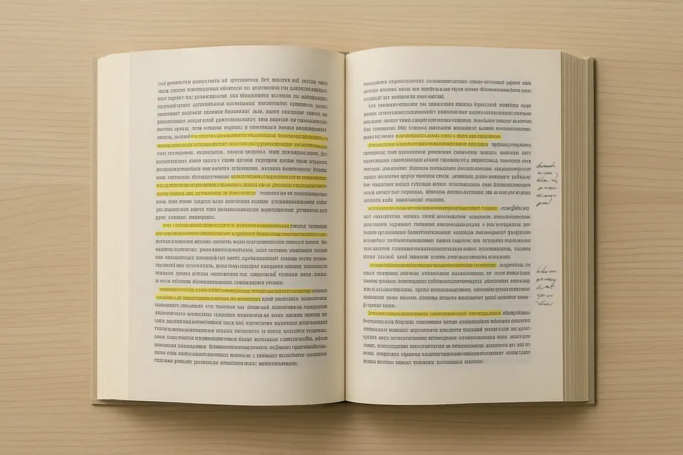 打開的書中重點句子被螢光筆標記，頁邊寫着讀者的分析筆記