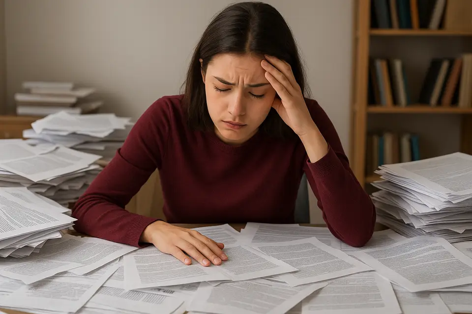 學生坐在堆滿學術文章的書桌前，對雜亂的文獻不知如何整合