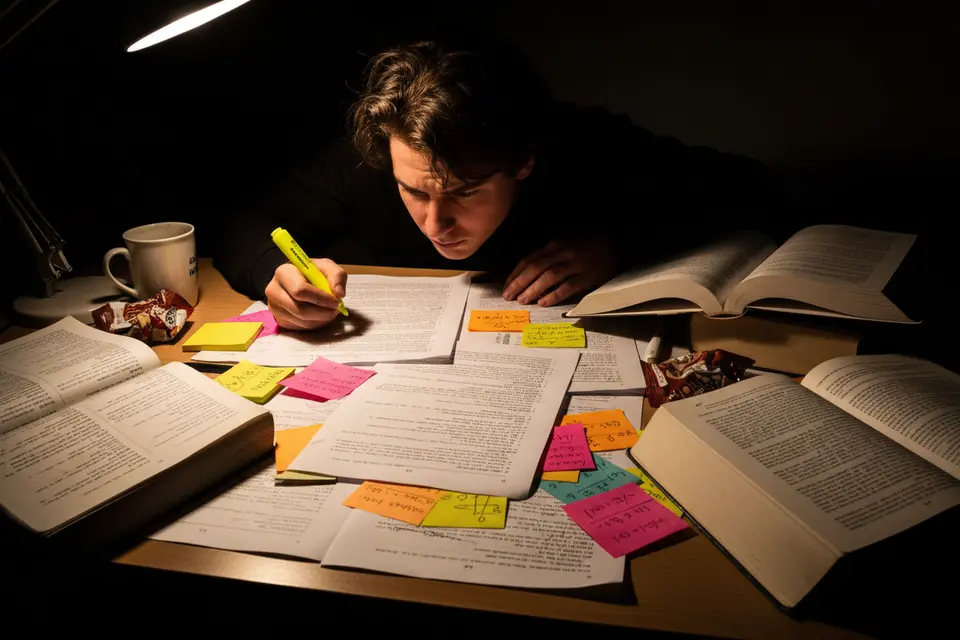 深夜書桌前，學生握着螢光筆對着攤開的文稿皺眉，桌上是散落的便利貼與參考書。