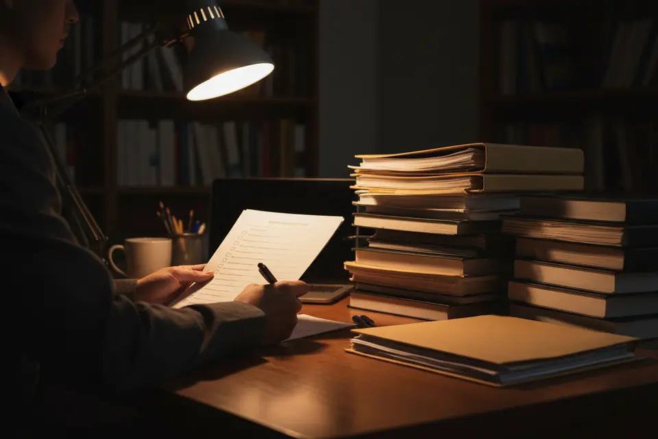 有人坐喺書桌前,用筆逐項剔檢查清單,旁邊疊住論文同文件夾。