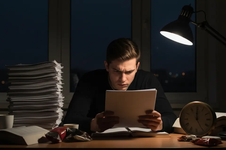 深夜書桌前學生細讀一篇論文,旁邊堆着十幾篇未翻開的影印文獻,時鐘已過兩小時。