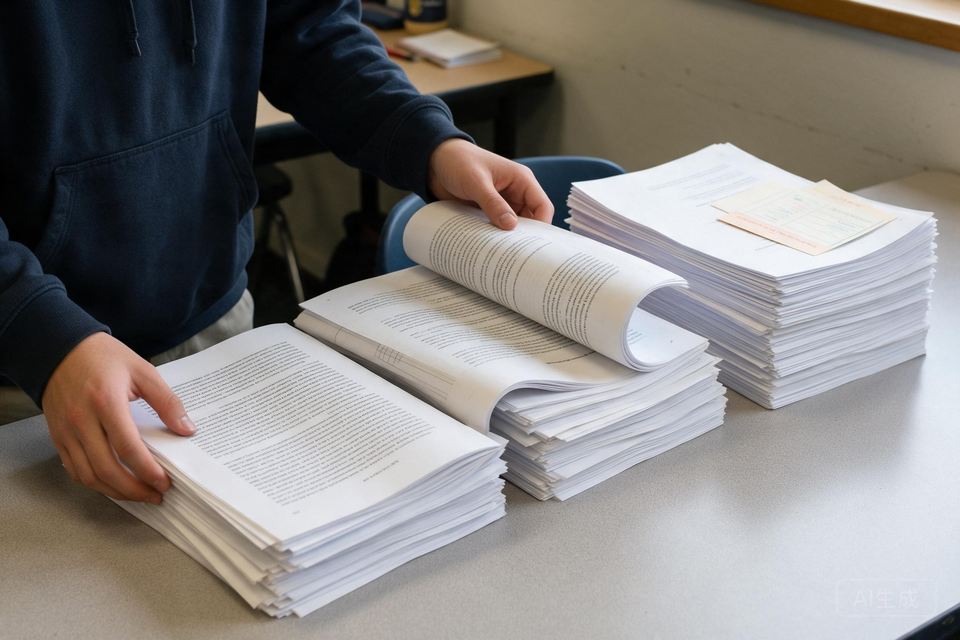學生把一疊論文分成三堆放在書桌上,最左一堆翻開細讀,中間翻看,右邊整齊疊起。