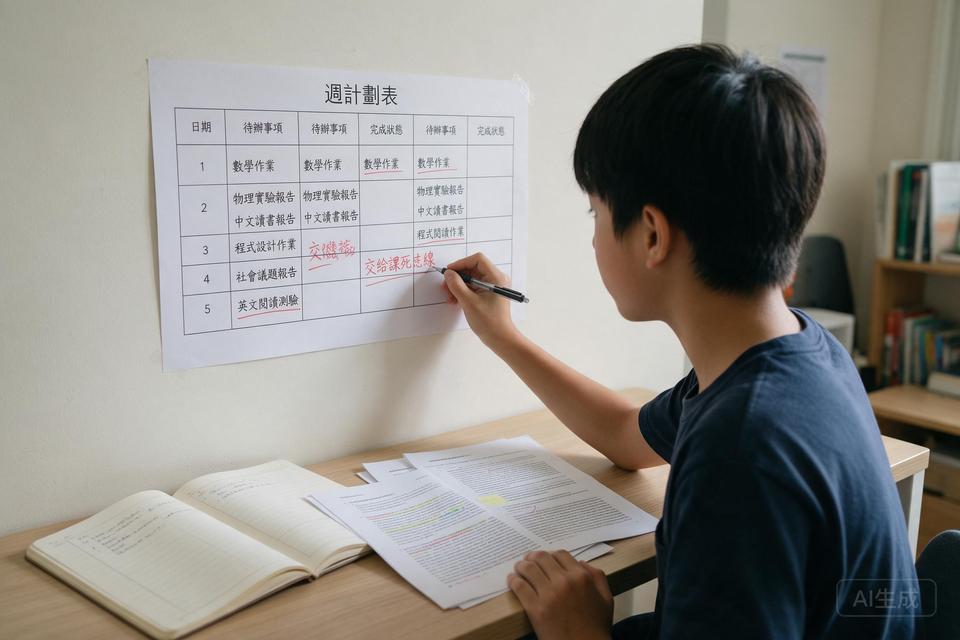 學生對着牆上週計劃表按死線做記號,桌上筆記本打開成三欄,旁邊放着幾篇文獻。