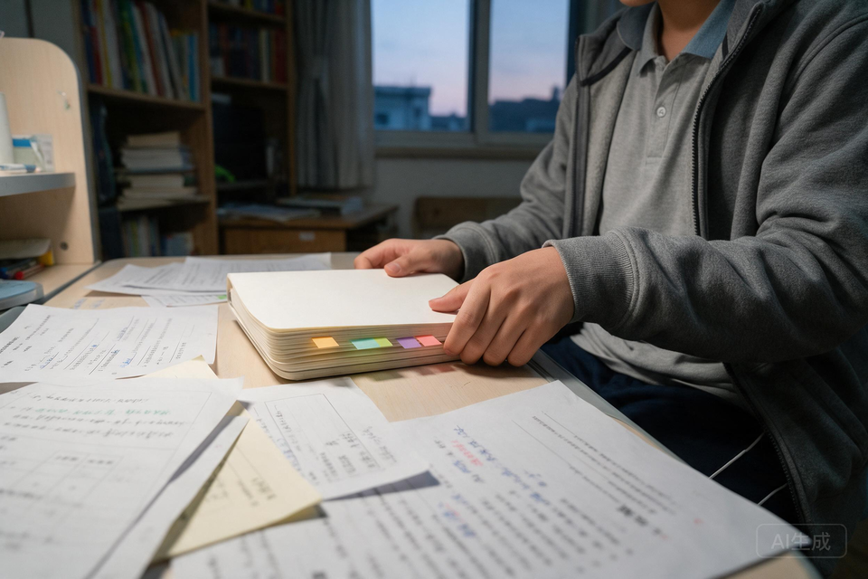 學生在書桌前合上貼有四張彩色標籤的筆記本,桌上放着幾份不同文體的功課。