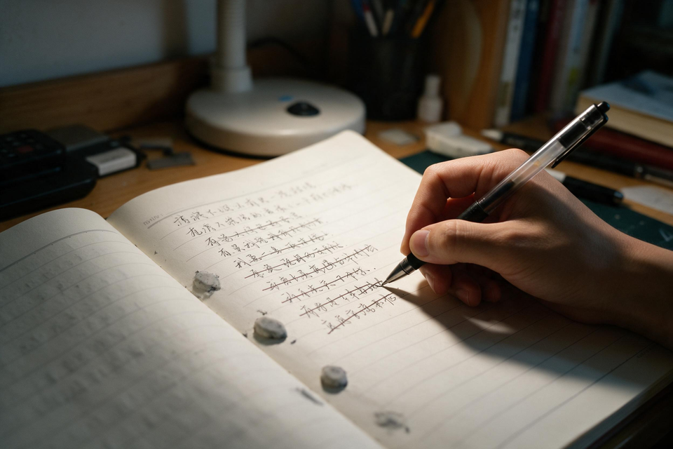 書桌前,一隻手拿筆在紙上逐行刪掉字句,紙邊有擦膠痕,桌燈照着。