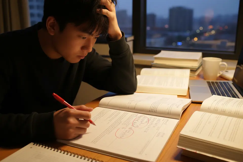 書桌前攤開兩份對照文稿，學生用紅筆圈出句子，托著頭思考如何改寫。