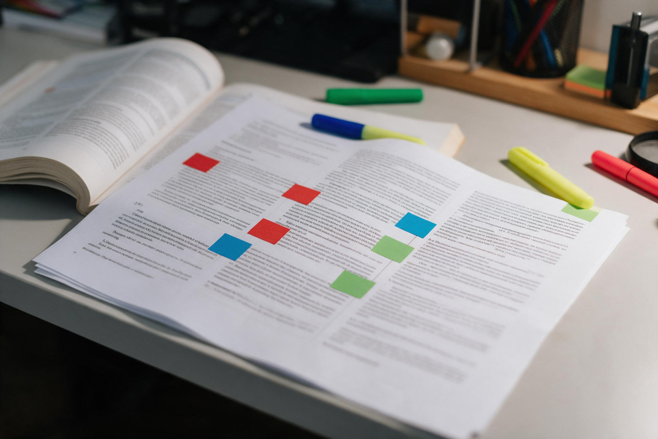 學生坐在書桌前,用三種顏色的標記貼紙把攤開的論文分成三段