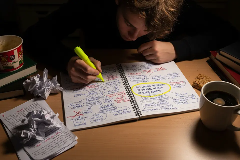學生在書桌前用螢光筆圈出筆記上的單一重點,桌上散落著批注過的稿紙與咖啡杯。