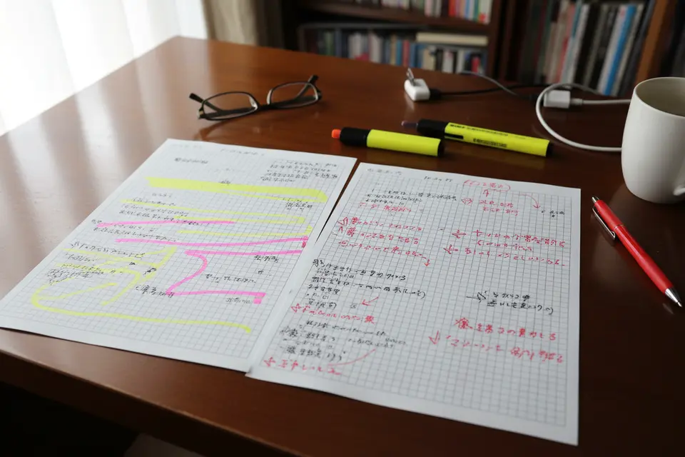 書桌並排著兩份文稿,一份滿是螢光筆標記,另一份頁邊擠滿手寫批註與箭頭。