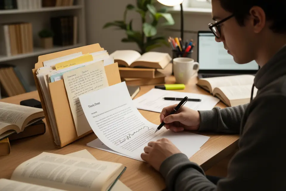 研究生在書桌前攤開舊作業與新論文草稿,用筆標示兩者重疊的段落。