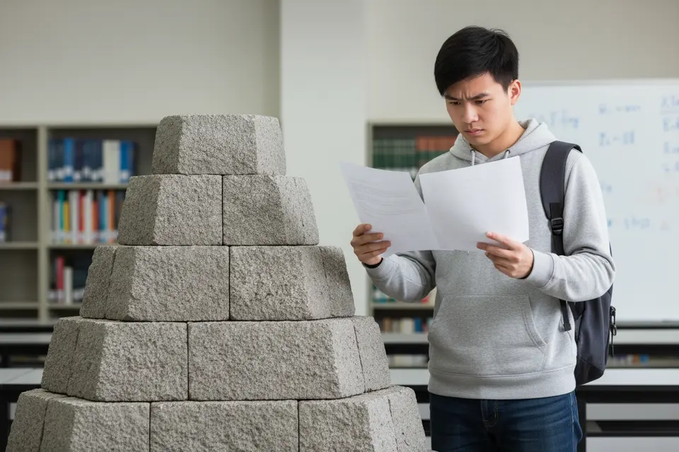學生站在五層階梯狀金字塔旁,左右手各拿一份論文互相對照比較。