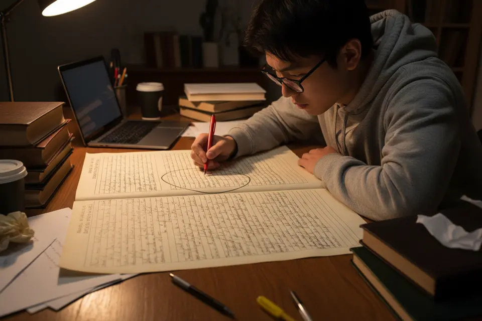 學生俯身看着桌上攤開的來源清單,同一類材料佔去大半,他舉筆圈出失衡處。
