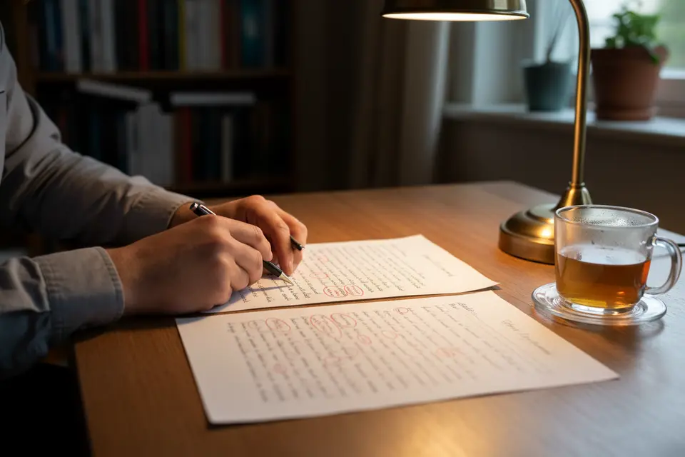 書桌前的人用筆尖比較兩份稿件的句首主語,稿紙上畫了圈記,檯燈照著紙面。