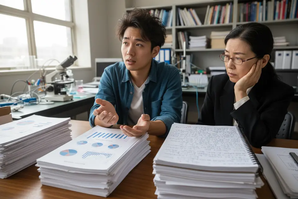 研究室裡研究生攤開統計圖表與手寫訪談筆記,正抬頭向指導教授說明。