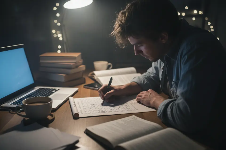 深夜書桌前研究者對照清單逐項打勾,桌上有涼掉的咖啡。