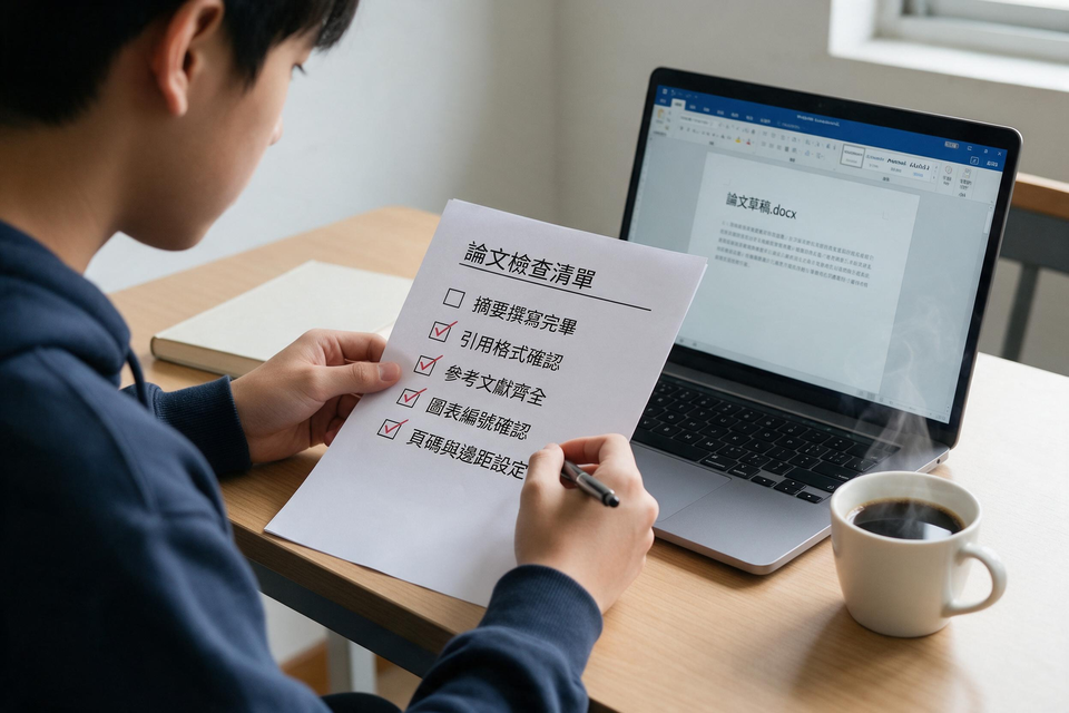 學生坐在書桌前,拿著檢查清單逐項打勾,筆電螢幕顯示論文,桌上有杯冒熱氣的咖啡。