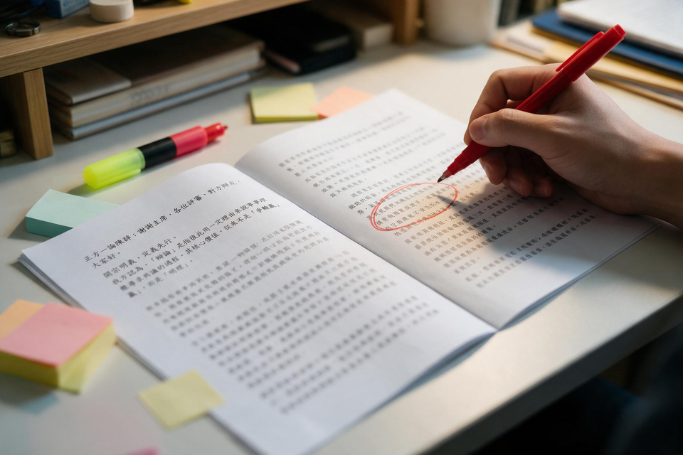 書桌上攤開一份稿件,一隻手拿紅筆在段落旁畫圈標記,旁邊放著螢光筆與便利貼。