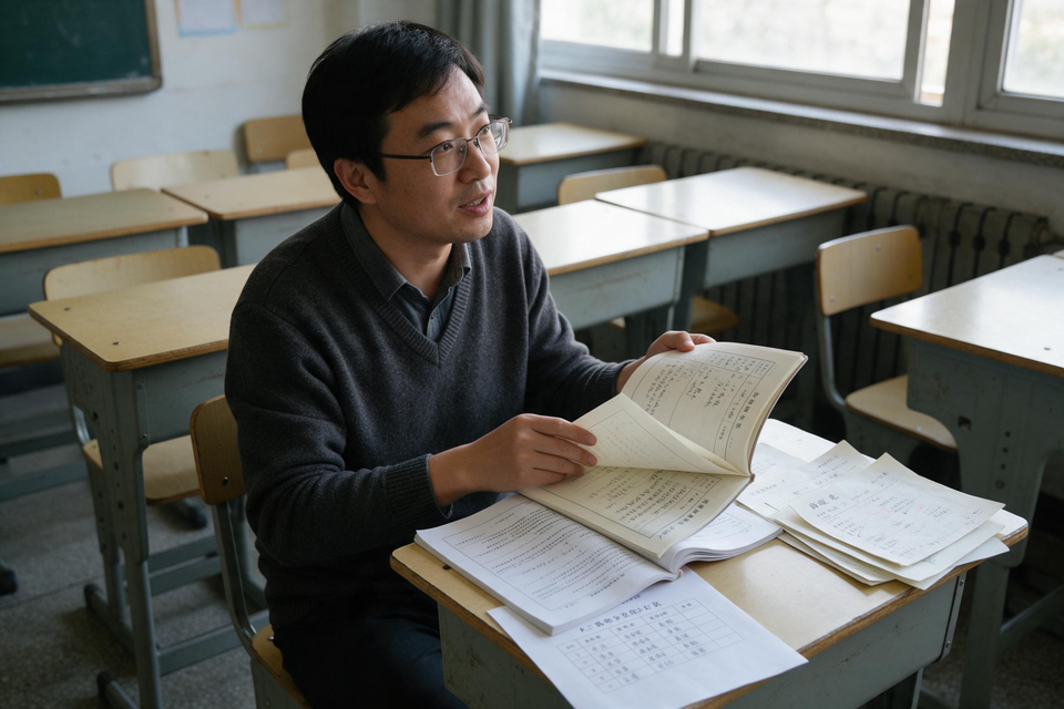 課後空教室裡,老師坐在學生桌旁翻開研究日誌,桌面放著教案與學生作業。