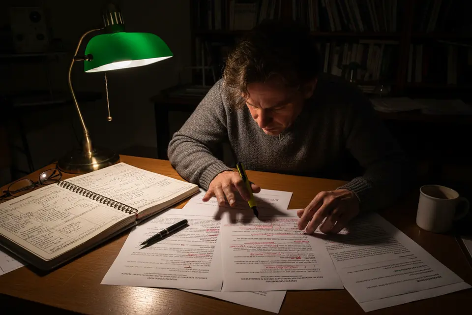 夜裡書桌前,研究者把研究日誌與論文初稿並排攤開,逐段對照修改。
