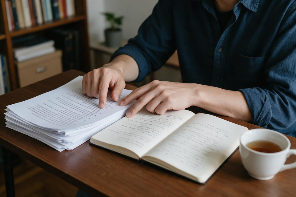 研究者坐在書桌前,指尖在訪談紀錄與筆記本之間來回比對。