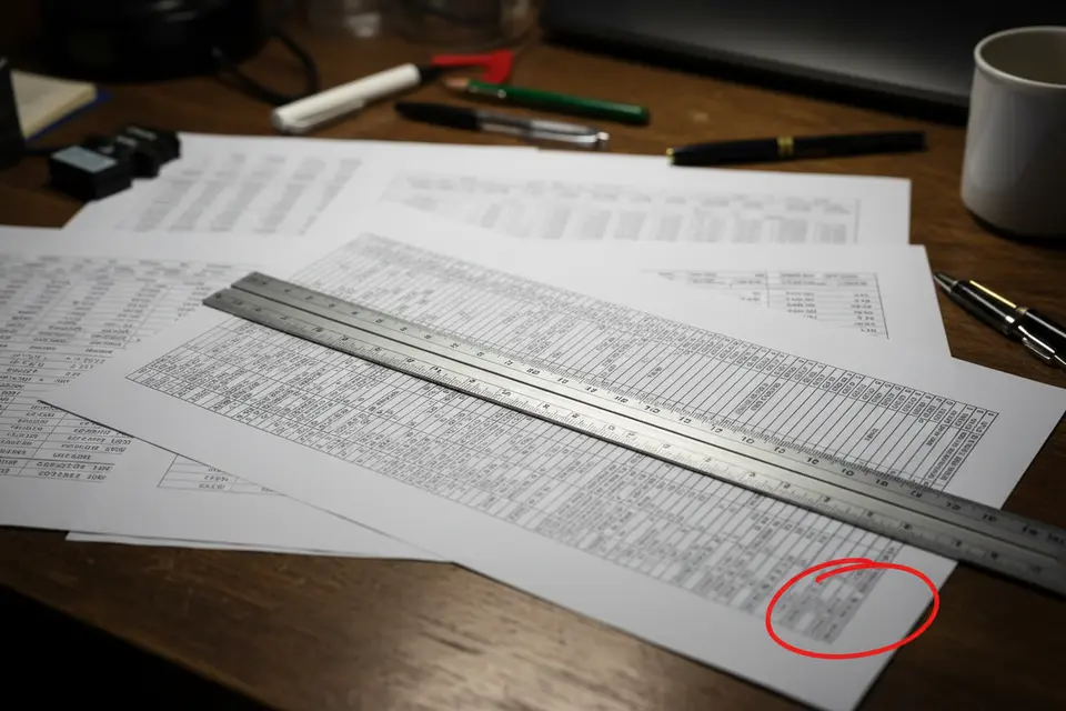 研究桌上放著幾疊單位不同的數據卡,一把刻度尺把它們對齊,角落一個偏遠的點被圈出。