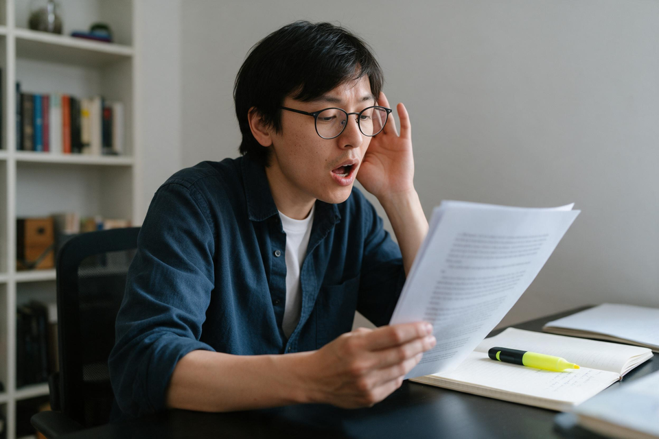 寫作者在書桌前出聲朗讀手上的文章,一手按耳傾聽,桌上放著筆記本。