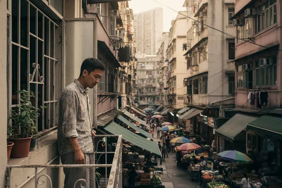 年輕人站在唐樓窗邊,望向樓下擠迫的街市與住宅樓群,似在思索。