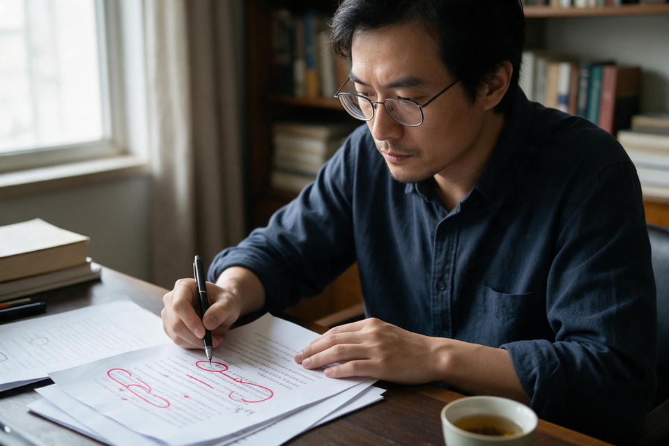一位寫作者坐在書桌前,逐段圈看稿紙上的內容,桌角放著一杯已經涼掉的茶。