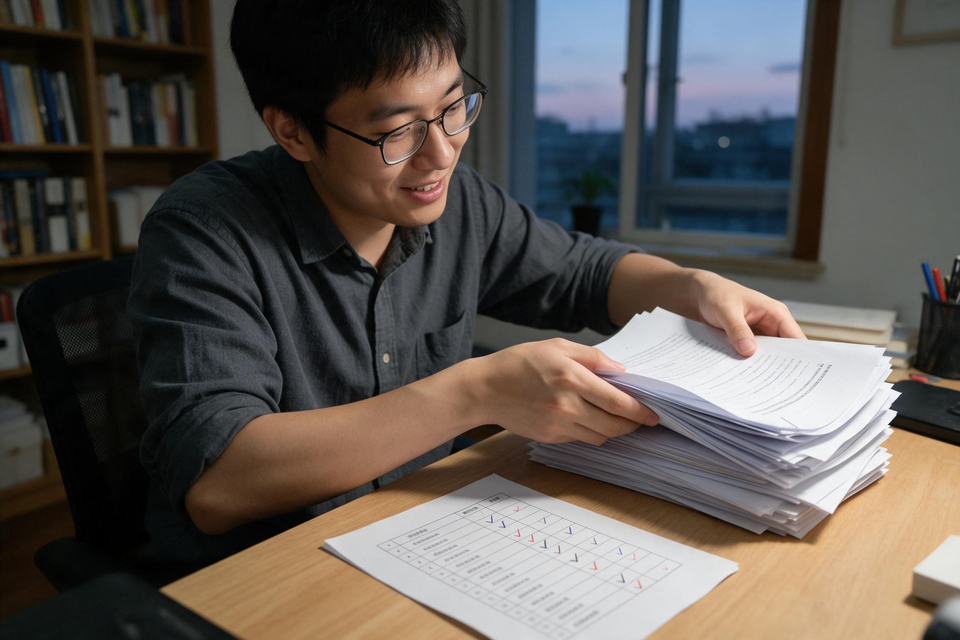 研究生在書桌前整理一疊文件,桌上放着已打勾的核對表,準備交稿。