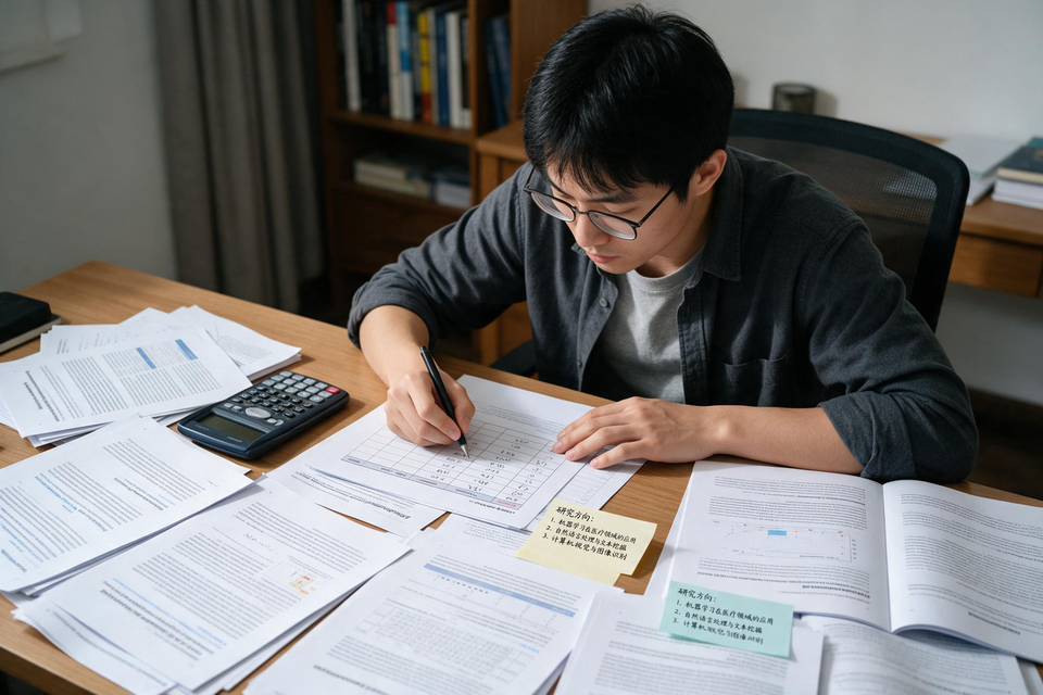研究生坐在書桌前攤開多篇論文，把數據抄進表格並用計算機換算。