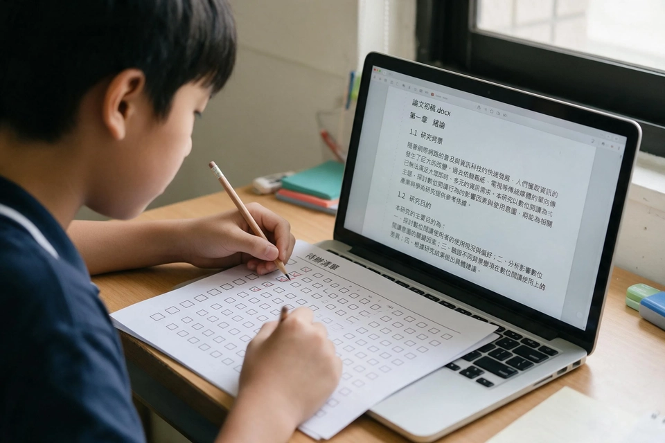 學生在書桌前拿筆對著清單逐項打勾，旁邊的電腦螢幕顯示文章草稿。